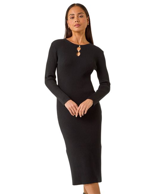 Roman Black Petite Knitted Pearl Detail Midi Dress