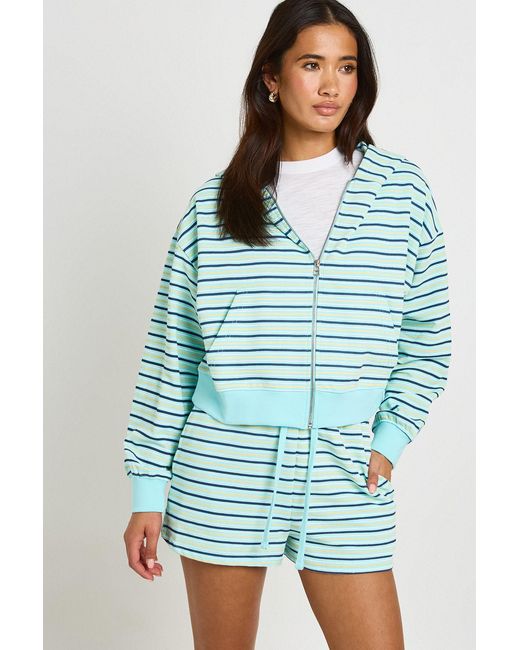 Boohoo Blue Striped Zip Through Boxy Crop Hoodie