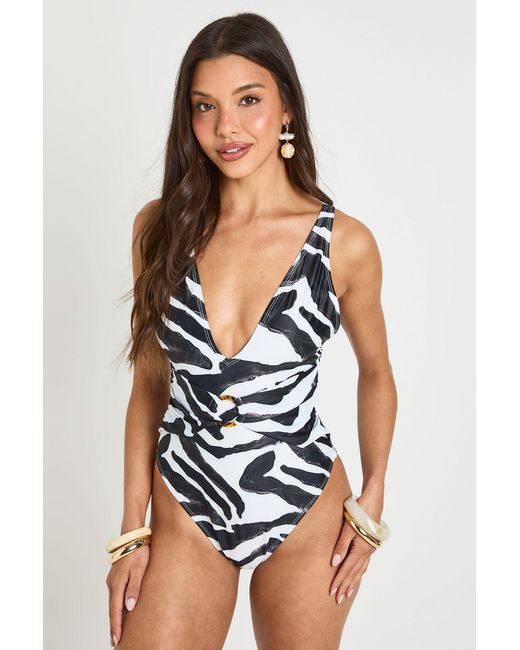 Boohoo Blue Zebra Print Tummy Control O-Ring Plunge Swimsuit