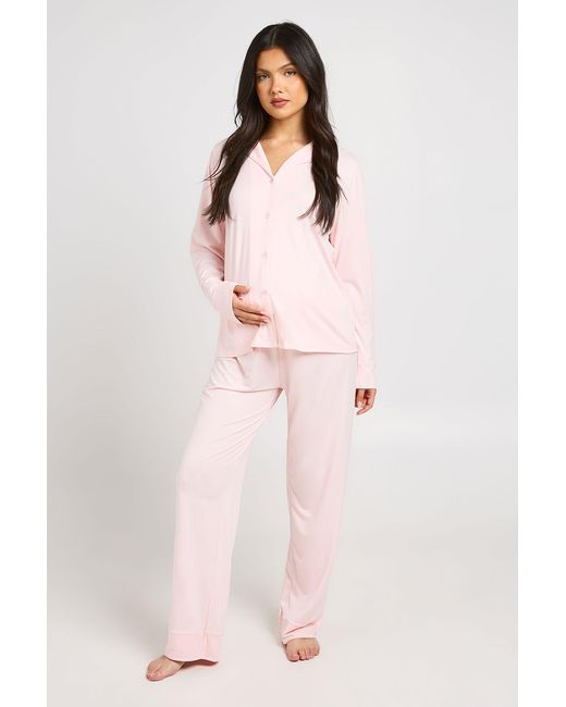 Boohoo Pink Matenity Soft Touch Button Through Shirt And Trouser Pyjama Set