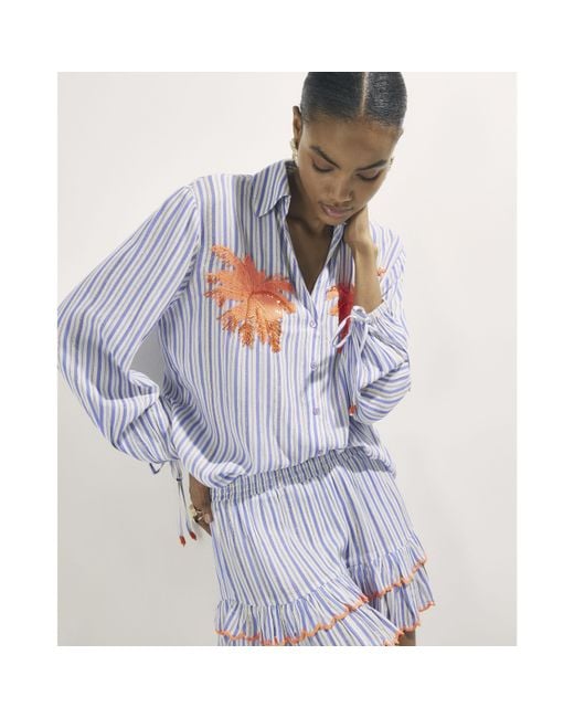 River Island White Striped Embellished Palm Beach Shirt Viscose