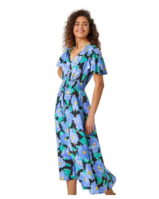 Roman Blue Floral Print Angel Sleeve Midi Dress