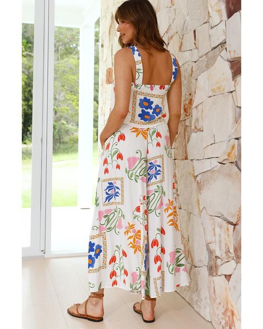 Azura Exchange White Weißes Farbenfrohes Bedrucktes Top Mit Quadrat-Ausschnitt Und Weite Hose Set