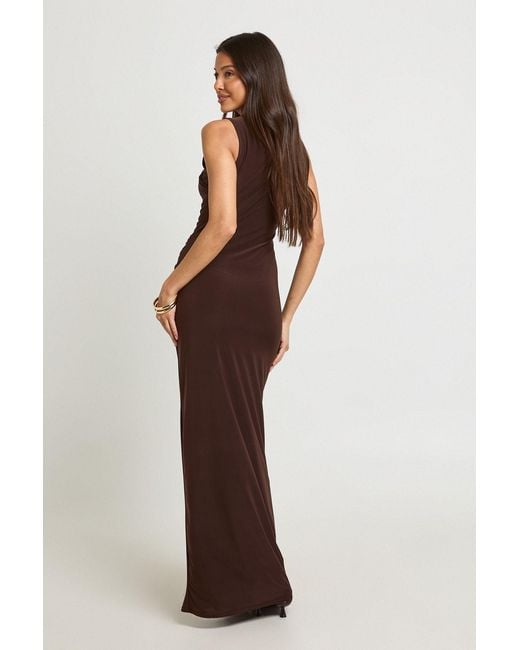 Boohoo Brown Slinky Trim Detail Ruched Maxi Dress