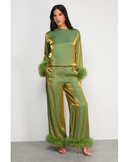 Warehouse Green Premium Iridescent Feather Cuff Wide Leg Trousers