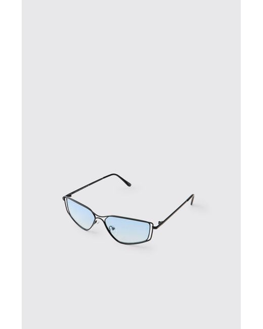 BoohooMAN Blue Vintage Wire Frame Geometric Sunglasses for men