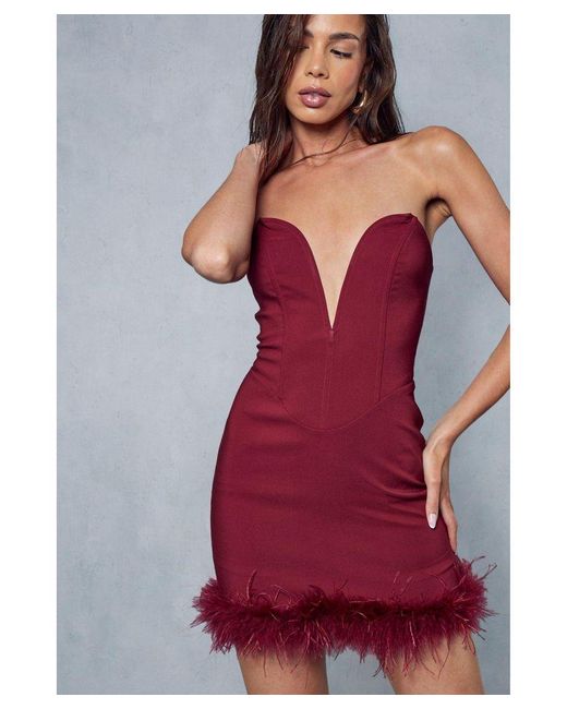 MissPap Red Sweetheart Plunge Corseted Feather Hem Bodycon Mini Dress