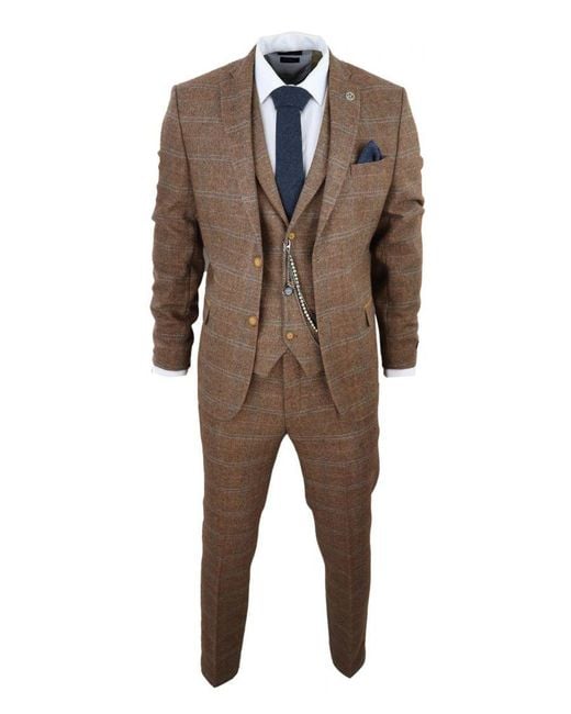 TruClothing Brown 3 Piece Wool Suit Tweed Herringbone Check Peaky Blinders Gatsby Canvas for men