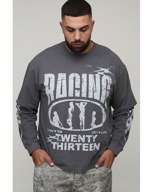 BoohooMAN Gray Plus Oversized Faux Layer Racing Print T-Shirt for men