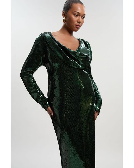 Karen Millen Black Plus Size Sequin Plunge Cowl Neck Strong Shoulder Long Sleeve Midi Dress