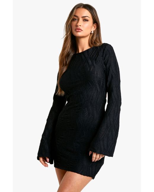 Boohoo Black Textured Flare Sleeve Mini Dress