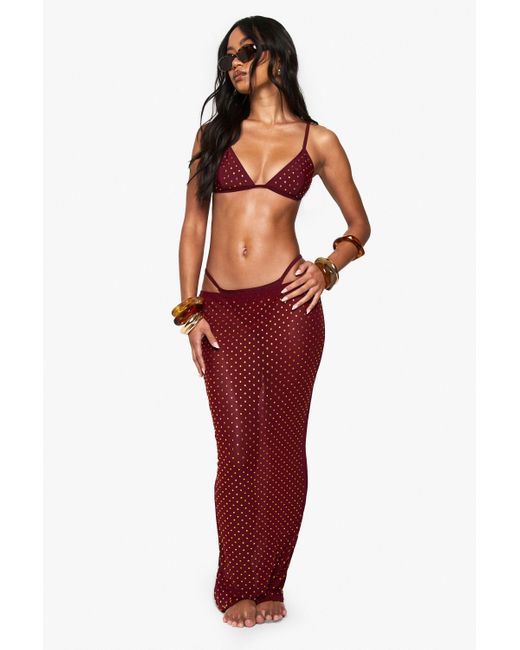 Boohoo Red Premium Swim Hot Fix Diamante Beach Skirt