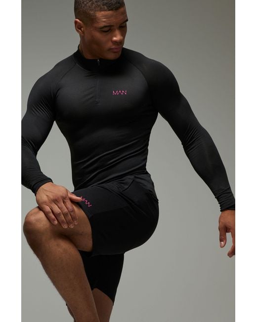 BoohooMAN Black Active Lightweight Essentials Gym Raglan Muscle 1/4 Zip & Short Set for men