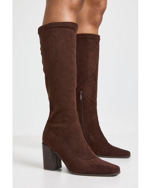Boohoo Brown Faux Suede Block Stacked Heel Knee High Boots
