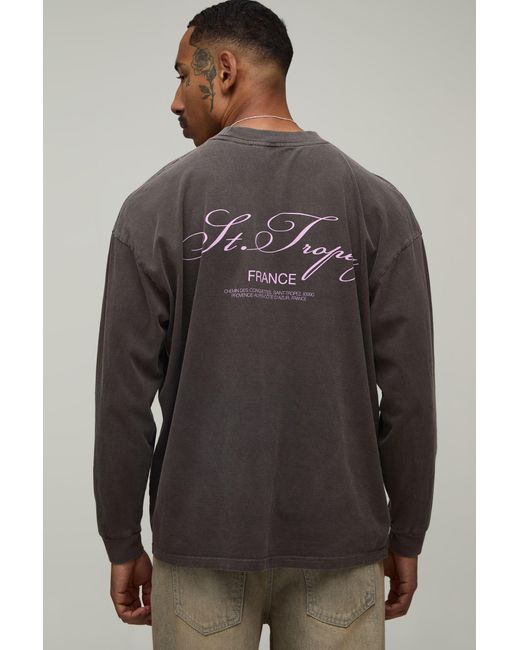 BoohooMAN Gray Oversized Washed St Tropez Print Long Sleeve T-Shirt Cotton for men