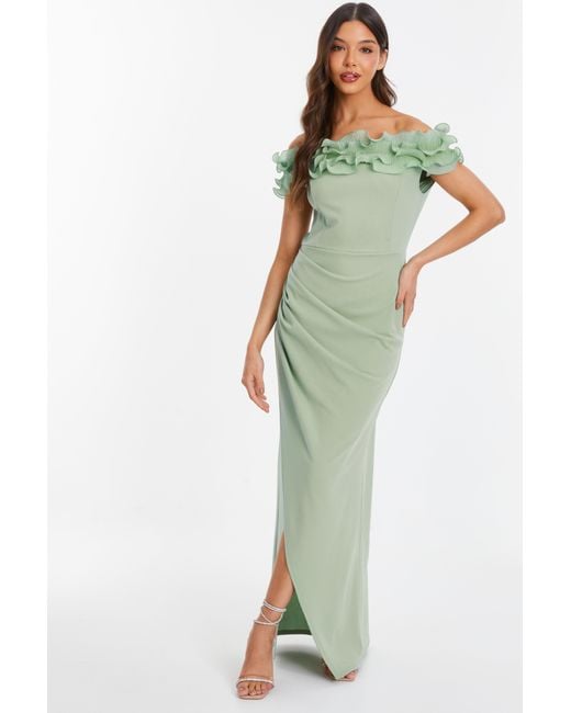 Quiz Green Sage Ruffle Bardot Maxi Dress Material_Polyester