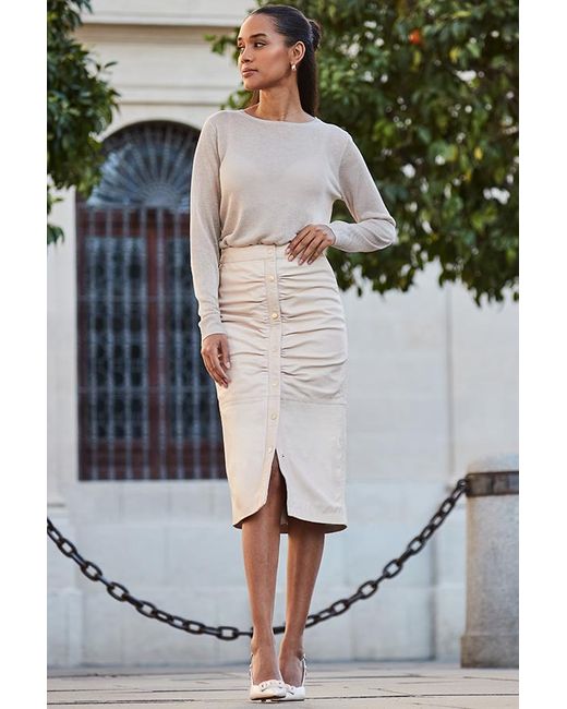 Sosandar Gray Ecru Leather Button Front Midi Skirt