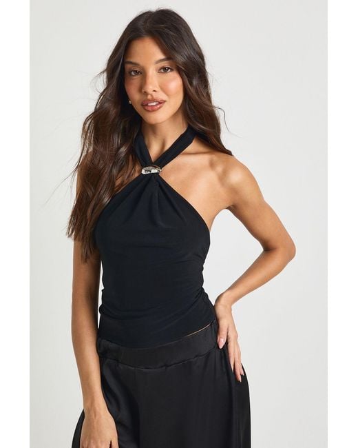 Boohoo Blue Slinky Trim Halterneck Top