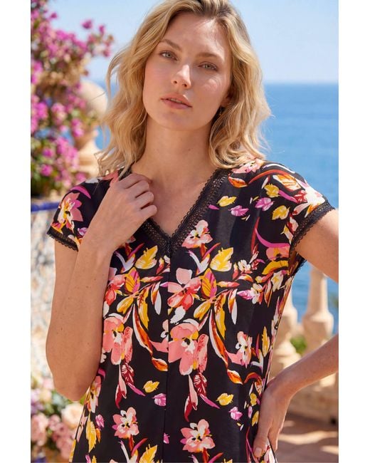 Roman Orange Lace Floral Trim V-Neck Top