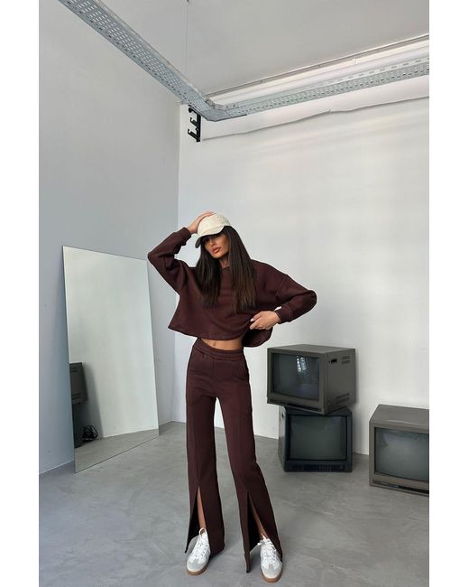 Hiccup Brown 2 Pieces: Round Neck Basic Sweatshirt & High Waist Slit Sweatpant