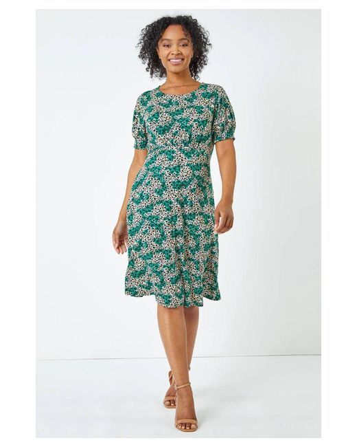 Roman Petite Green Shirred Sleeve Floral Dress