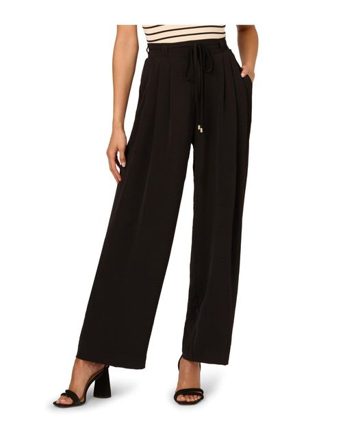 Adrianna Papell Black Full Wide Leg Pull On Airflow Drawstring Tie Trouser