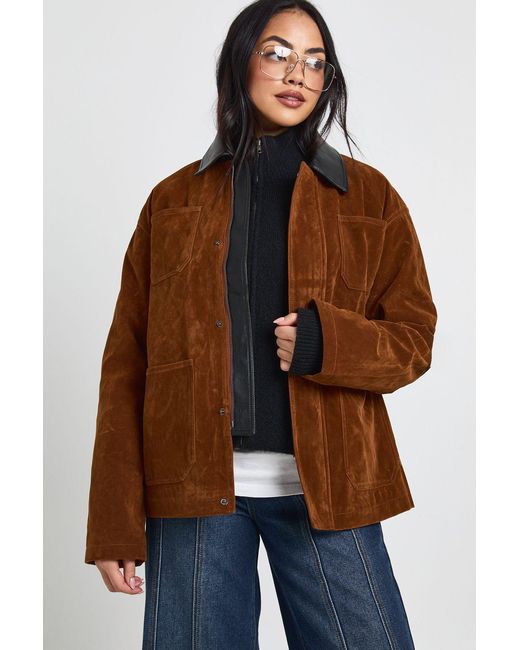 Boohoo Brown Boxy Suede Bomber Jacket