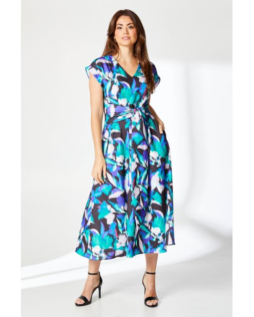 PRINCIPLES Blue Blurred Floral Belted Midi Dress