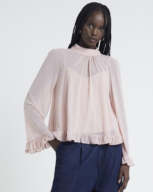 River Island Pink Blouse Chiffon Mesh Frill