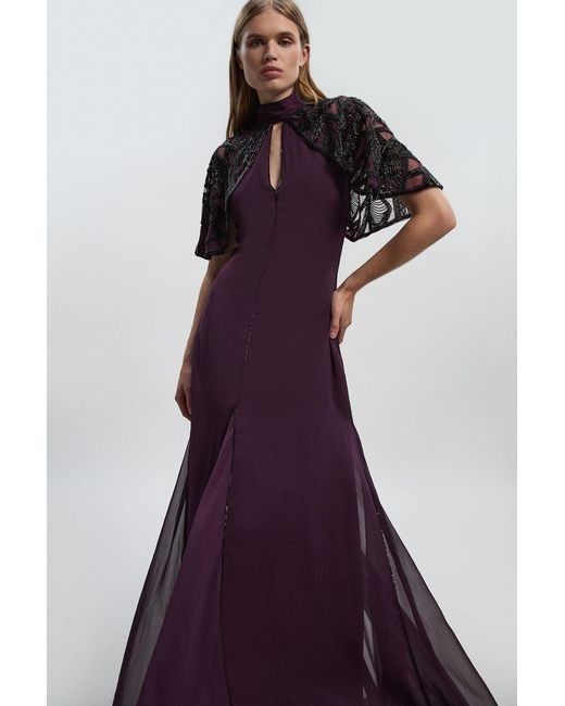 Karen Millen Purple Petite Crystal Embellished Cutwork Cape Detail Woven Maxi Dress