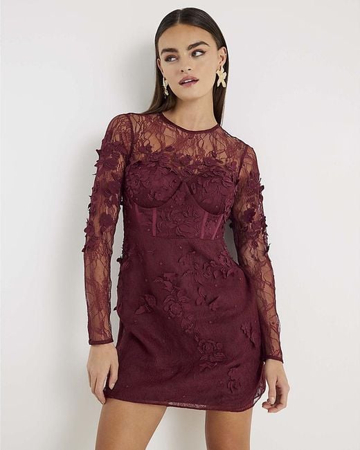River Island Red Mini Dress Lace Long Sleeve Embellished