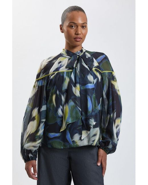Karen Millen Blue Plus Size Viscose Floral Print Woven Tie Neck Blouse