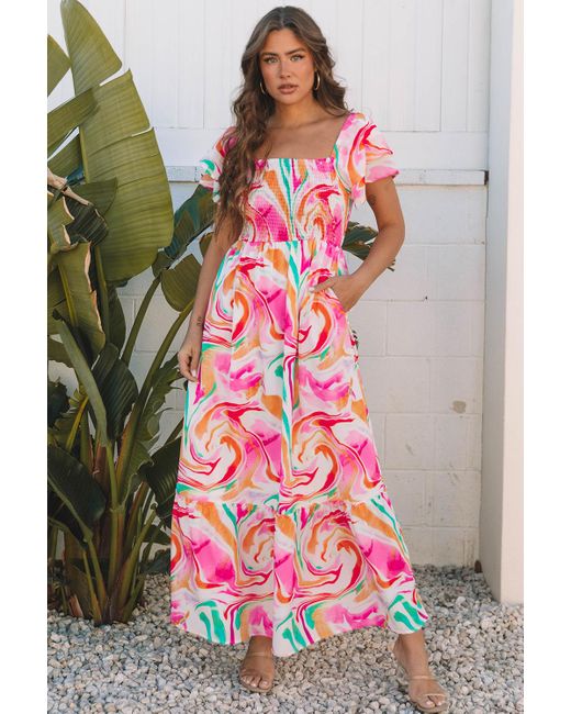 Azura Exchange Marmeren Print Maxi Jurk Met Vleugel Mouwen in het Pink