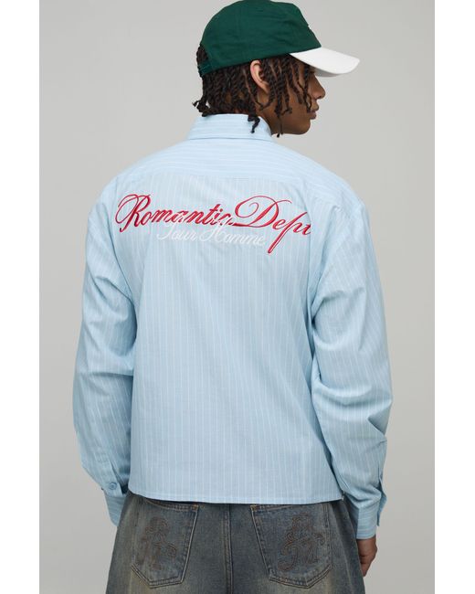 BoohooMAN Blue Oversized Cotton Poplin Pinstripe Graphic Long Sleeve Shirt for men