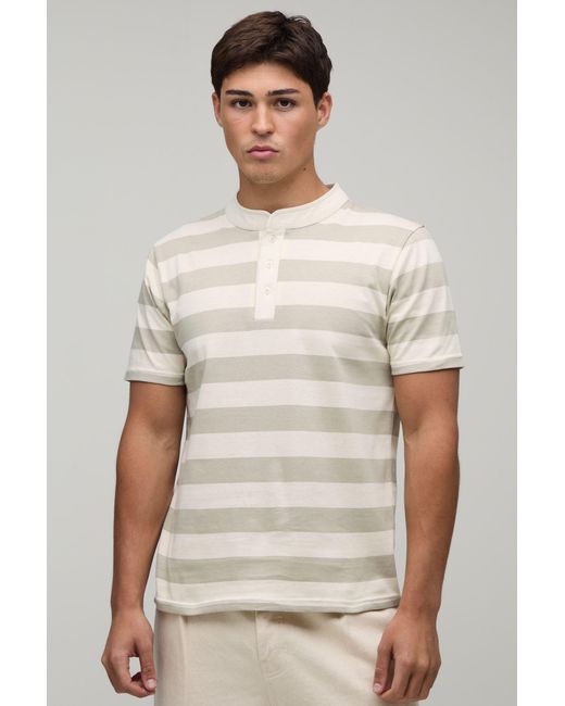 BoohooMAN White Slim Fit Stripe Henley T-Shirt for men