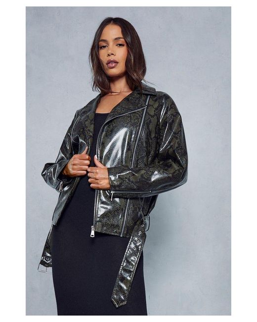 MissPap Gray Oversized Leather Look Snakeskin Biker Jacket