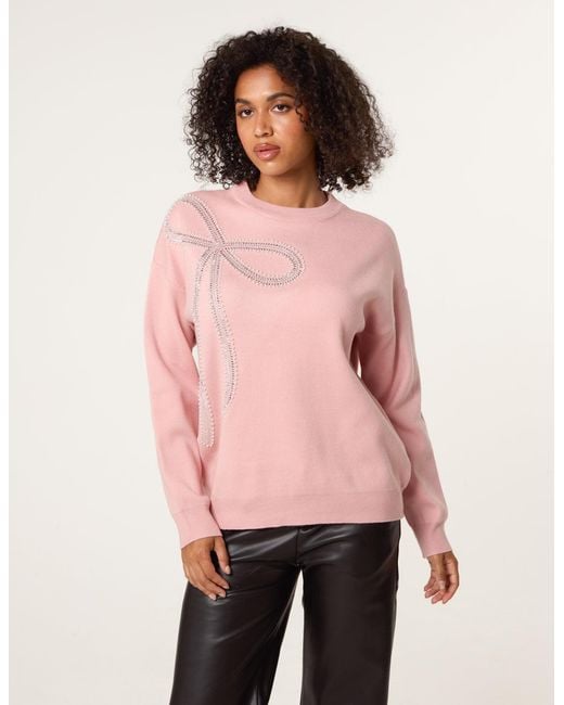 Blue Vanilla Pink Diamante And Pearl Bow Knit Jumper