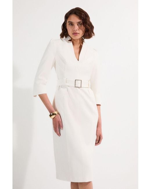 Karen Millen White Structured Crepe Belted Forever Midi Dress