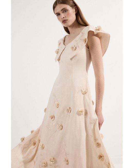 Karen Millen Natural Scattered 3D Floral Applique Woven Midi