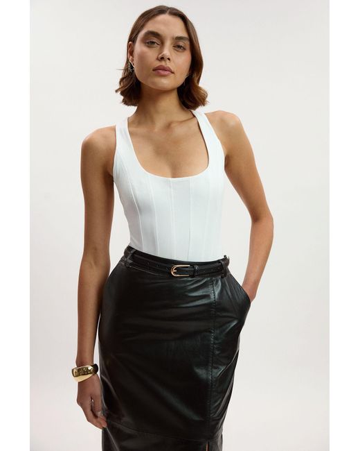 Karen Millen White Cotton Elastane Corset Detail Scoop Neck Bodysuit