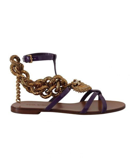Dolce & Gabbana Brown Purple Leather Devotion Sandals