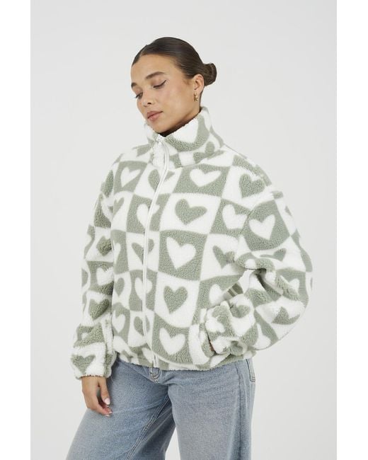 Brave Soul Green Heart Print Zip Through Sherpa Fleece