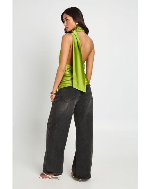 Boohoo Green Satin Scarf Detail Ruched One Shoulder Top