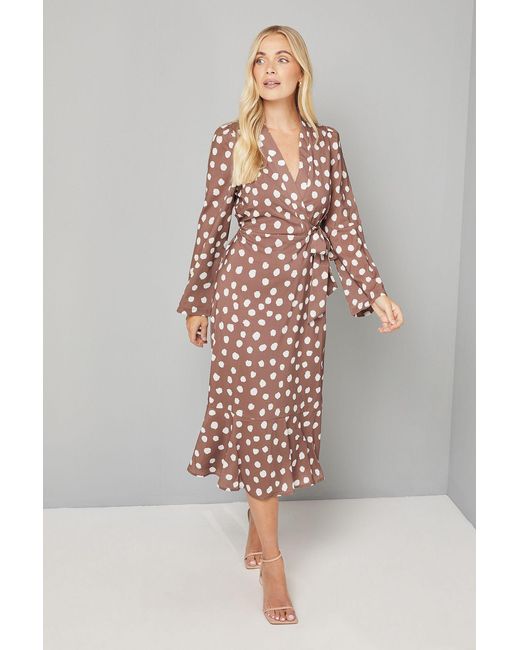Wallis Brown Petite Polka Dot Wrap Midi Dress