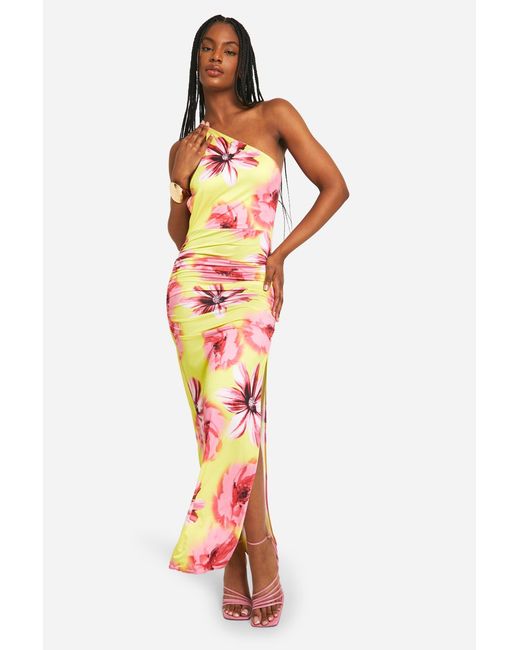 Boohoo Yellow Tall Slinky Asymmetric Floral Maxi Dress