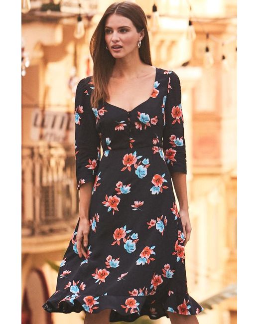 Sosandar Black Floral Print Sweetheart Neck Dress