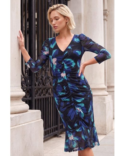 Roman Blue Ruched Floral Frill Dress