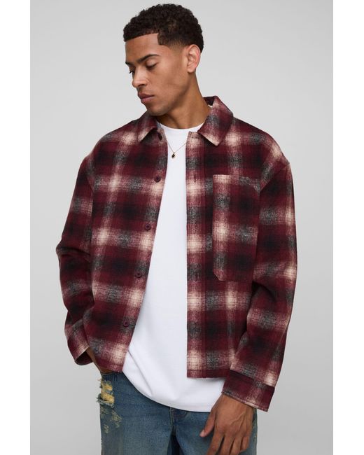 BoohooMAN Red Regular Fit Heavyweight Workwear Pocket Check Overshirt for men
