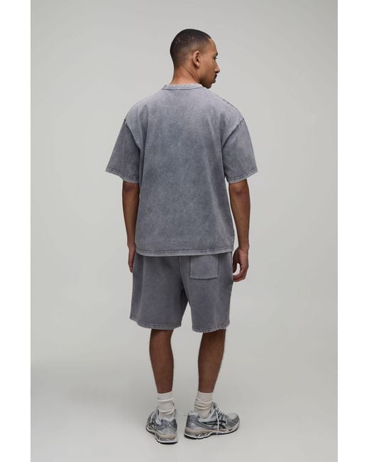 BoohooMAN Gray Oversized Gothic Fleur De Lis Applique Washed T-Shirt & Baggy Short Set for men