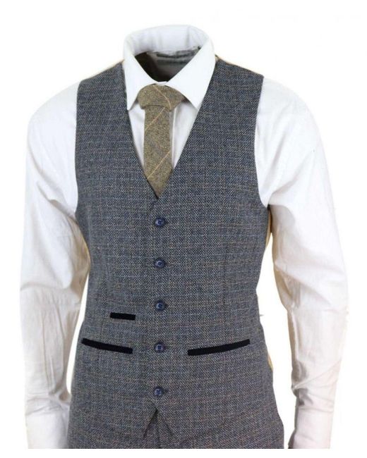 Paul Andrew Blue 3 Piece Tweed Check Vintage Retro Suit Velvet for men